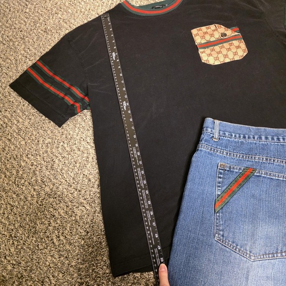 Vintage Gucci Set Mens 42 Denim Shorts & 4XL T Shirt Relaxed Fit Logo Stripe - Picture 7 of 16